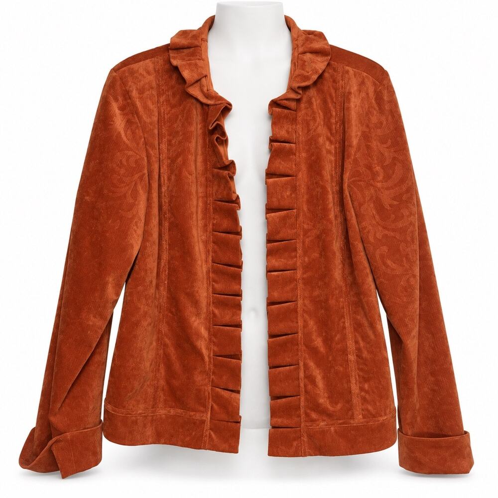Chico's Rory Jacquard Blazer Size 2 Orange Ruffle Paisley Open Front Long Sleeve